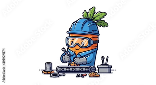 Cartoon miner with pickaxe and helmet in minecart.