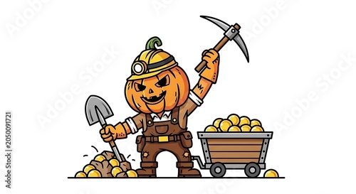 Cartoon miner with pickaxe and lantern.
