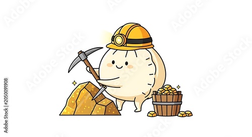 Cartoon miner with pickaxe and lantern.