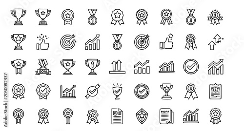 Obraz na plátne Success and award outline icon set with growth win and thumbs up symbols vector