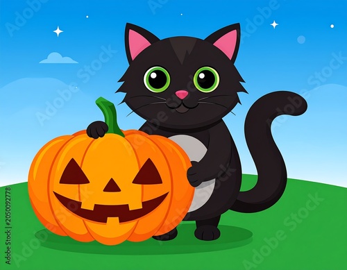 A cartoon black cat with green eyes holds a jack-o-lantern