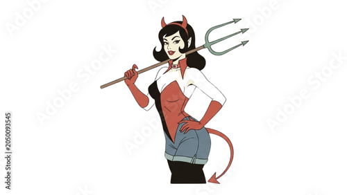 Billede på lærred A cartoon devil woman poses with a pitchfork indoors