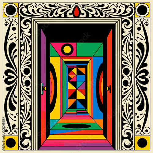 Tableau sur toile Maximalist ornate decorative doorway with geometric pattern vector illustration