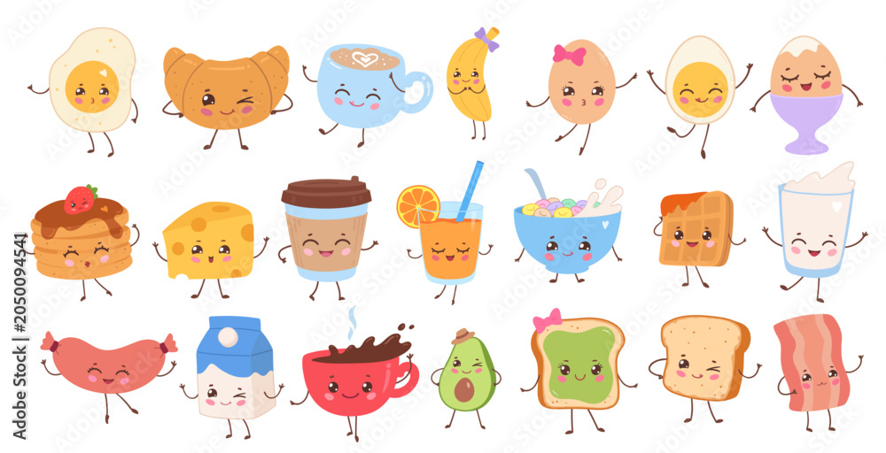 Fototapeta premium Vector illustration of cute kawaii breakfast set. Isolated food, fruit and drink characters collection.