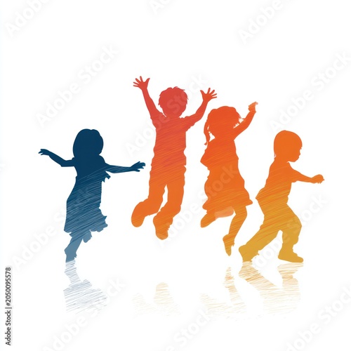 Children's Playful Silhouette: A vibrant silhouette of four diverse children joyfully jumping and playing, captured in a moment of pure, unadulterated childhood exuberance.