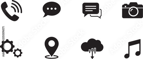 Collection of various modern black technology and communication icons on white background