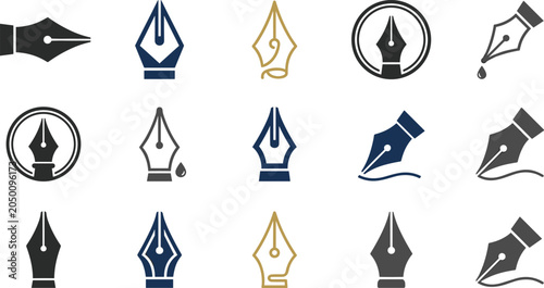 Fotografie Fountain pen nib icon set signature calligraphy law firm logo tool corporate vec