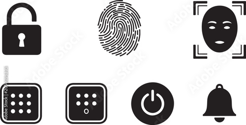 Security icons set with lock fingerprint and mask on white background