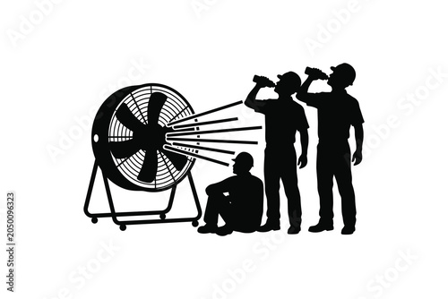 Black And White Industrial Fan Cooling Workers During Heat Stress Safety Scene Silhouette Artwork