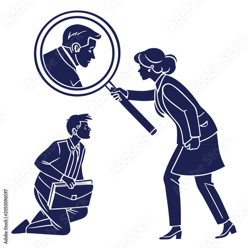 Bild auf Leinwand Woman examining a man through a magnifying glass while he kneels with a briefcas