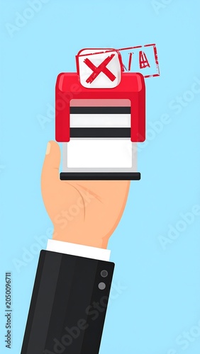 A cartoon hand in a suit holding a red and white stamp