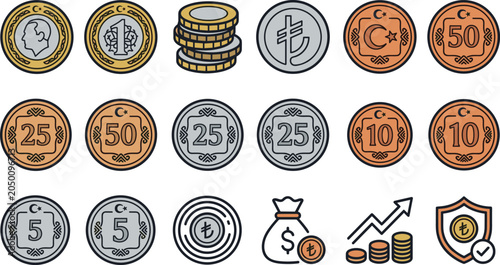 Foto Turkish lira coin icon set turkey currency money finance business growth profit
