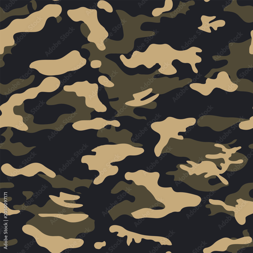 Fototapeta premium Seamless pattern for textile print on fabric and wallpaper featuring dark camouflage design in black, khaki, and brown tones, perfect for military and outdoor use