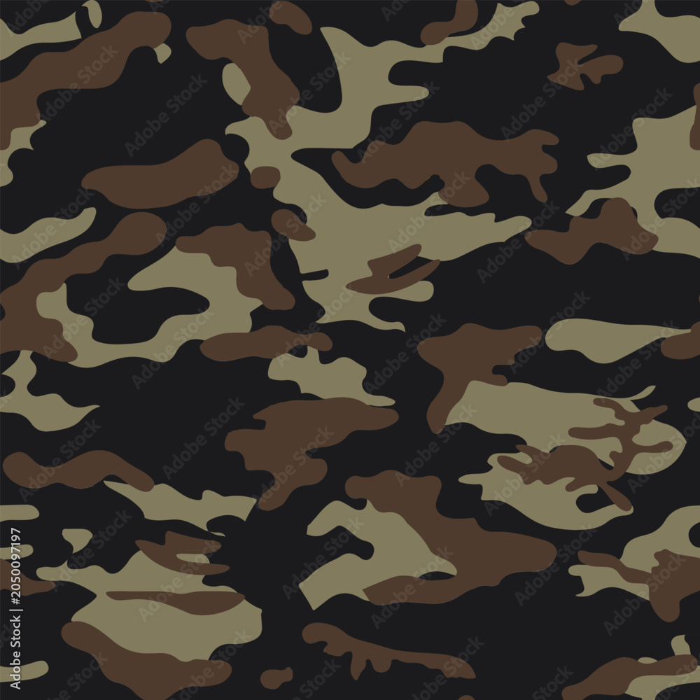 Fototapeta premium Seamless pattern for textile print on fabric and wallpaper featuring dark brown and olive military camouflage, ideal for tactical, outdoor, and hunting designs