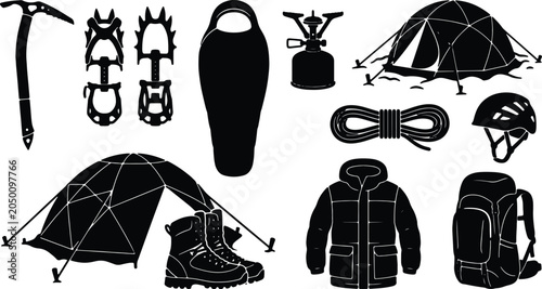 Foto Outdoor Adventure Gear Icons: Camping Tent, Sleeping Bag, Backpack, Ice Axe, Cra