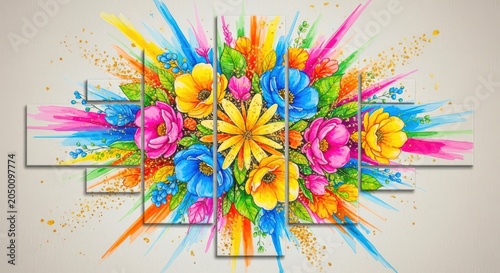Vibrant watercolor floral explosion with gold glitter accents