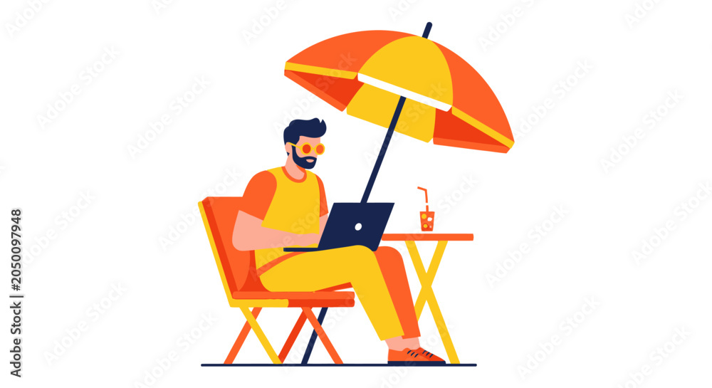 Fototapeta premium Digital Nomad Working on Laptop Under Beach Umbrella, Remote Work and Freelance Freedom Concept, Summer Vacation Flat Illustration