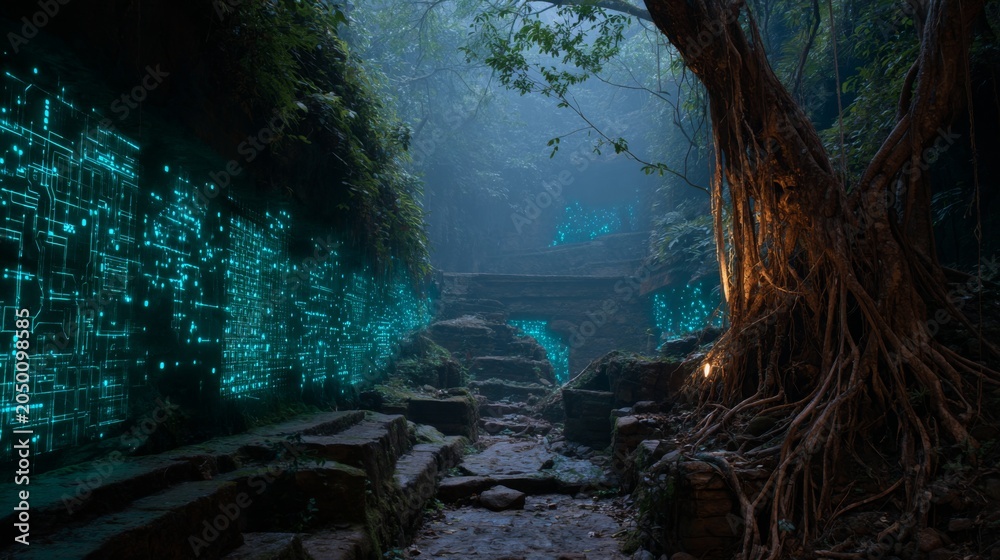 Fototapeta premium Ancient Jungle Temple Concealing Hidden Technology Beneath a Mysterious Canopy of Trees and Enigmatic Light Patterns