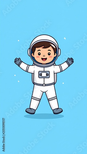 A cartoon boy in a white astronaut suit with arms outstretched on a blue background