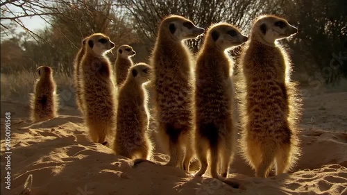 A group of meerkats stand alert on sandy ground in the warm glow of sunset