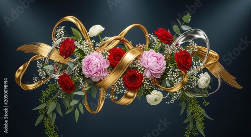 Elegant floral composition with swirling ribbons and greenery