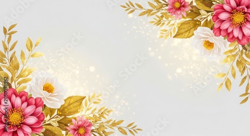 Elegant floral corner border with gold leaves and sparkles