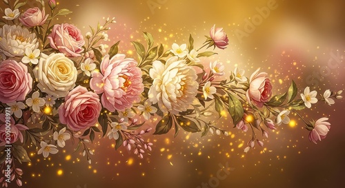 Romantic floral border with sparkling golden light effect