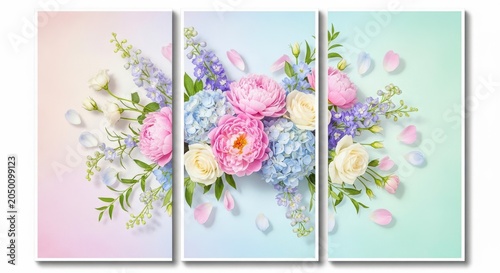 Triptych floral art with pink blue and white flowers petals