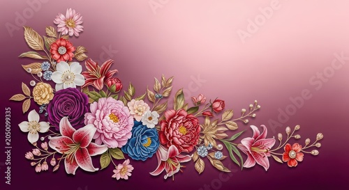 Vibrant corner floral border with assorted flowers and pearls