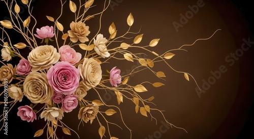 Elegant floral arrangement with pink roses and golden leaves