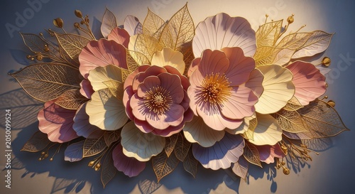 Layered floral wall art with pink and cream petals and gold accents
