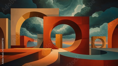 Abstract Giant Floating Architectural Forms Against Dramatic Cloudy Background