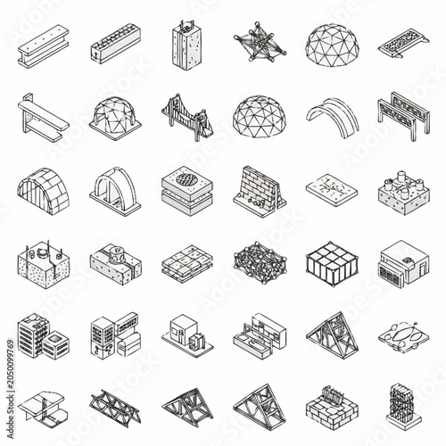 Tableau sur toile Collection of isometric architectural and structural elements, including bridges, domes, buildings, and construction components