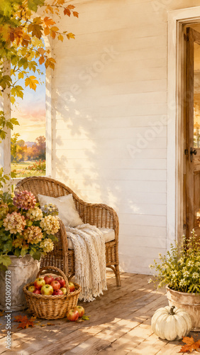 Cozy Autumn Porch with Wicker Chair, Apples, and Pumpkin Decor in Rustic Setting at Sunset