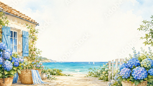 Tranquil Mediterranean Coastal Cottage Garden with Blue Hydrangeas and Ocean View in Watercolor Style