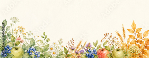 Watercolor Botanical Illustration of Autumn Harvest with Apples, Blueberries, and Wildflowers in Rustic Style