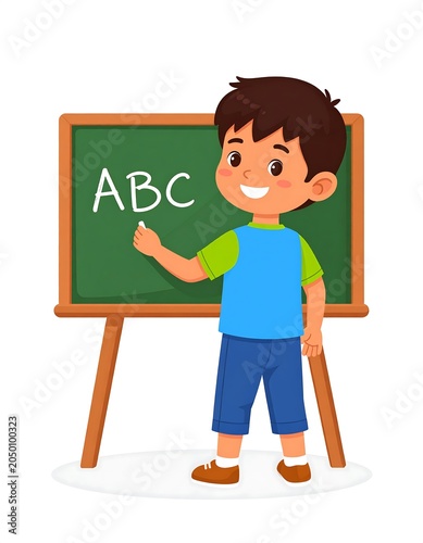 A cartoon boy in casual clothes standing beside a green chalkboard