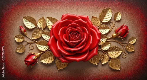 Luxurious red rose with textured background and gold leaves
