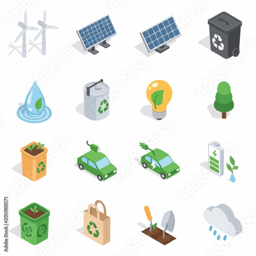 Set of isometric icons representing ecology, renewable energy, and environmental protection concepts.