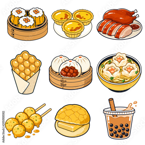 Hong Kong popular food vector set with dim sum, egg tart, roast duck, bubble tea, pineapple bun, egg waffle, fish balls, wonton noodles, and steamed buns in colorful cartoon style.