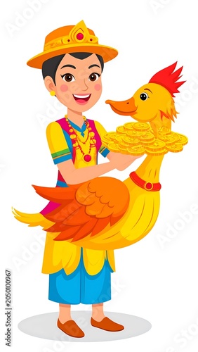 A cartoon boy in colorful clothes holds a large yellow goose