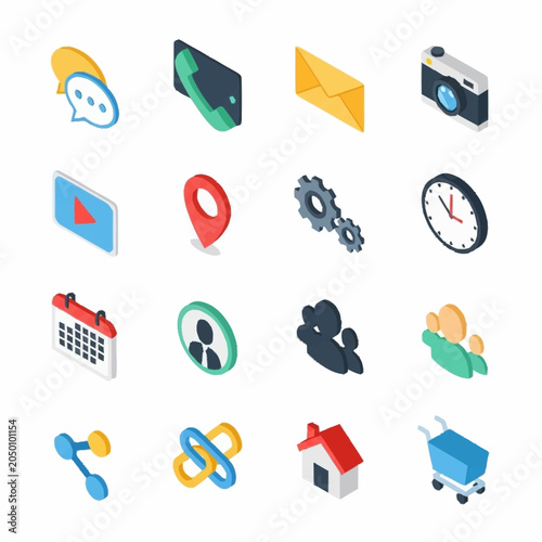 Collection of isometric icons representing various digital and communication elements on a white background.