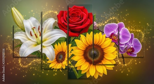 Multi-panel artwork vibrant flowers lily rose sunflower
