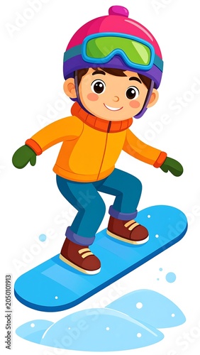 A cartoon boy snowboarding with a bright pink hat and goggles