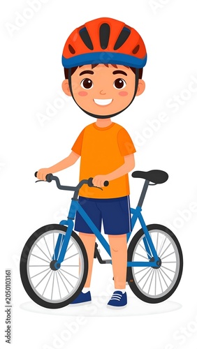 A cartoon boy wearing an orange helmet and shirt standing with a blue bicycle
