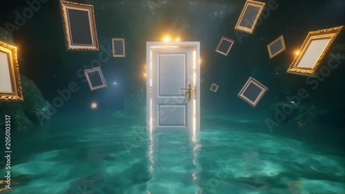 White door standing in dark water with floating golden frames creating a surreal dreamlike atmosphere for motion video footage