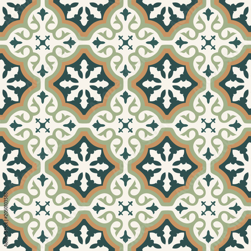 Sage Green European Tile Seamless Pattern with Vintage Mediterranean Ornament
