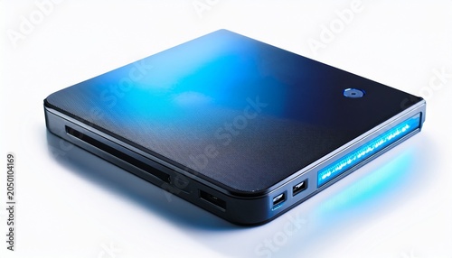 portable external hard drive with blue light on white background