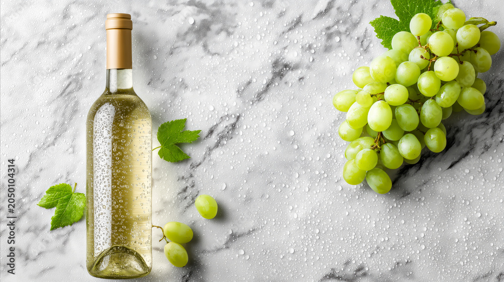 Obraz premium Bottle of white wine with a blank label and green grapes on an elegant marble background. Winemaking, branding, advertising and premium alcoholic beverage concept.