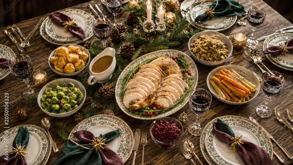 Fototapeta premium Festliches britisches Weihnachtsdinner Eleganter Weihnachtstisch mit geschnittenem Truthahn, Rosenkohl, Kartoffeln, Gemüse, Sauce und klassischer Festdekoration.